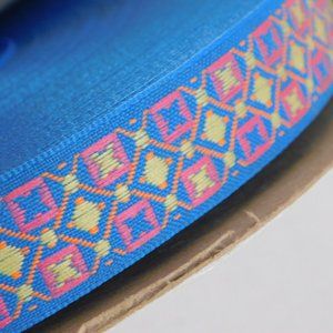 Jacquard Ribbon Blue Pink Yellow 7/8" Wide x 50 Yards New Old Stock Nursery USA